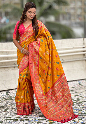 Patola Art Silk Saree in Mustard