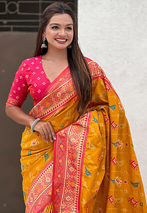 Patola Art Silk Saree in Mustard