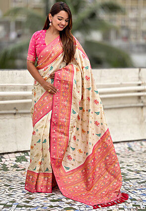 Patola Art Silk Saree in Off White
