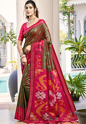 Patola Art Silk Saree in Olive Green