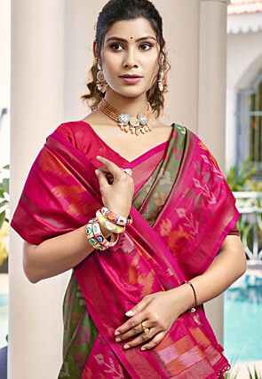 Patola Art Silk Saree in Olive Green