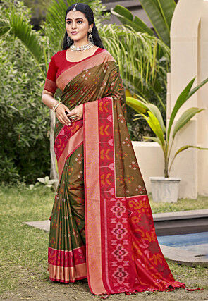 Patola Art Silk Saree in Olive Green