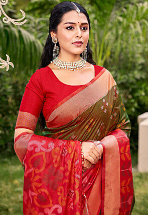 Patola Art Silk Saree in Olive Green