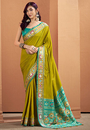 Patola Art Silk Saree in Olive Green