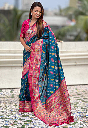 Patola Art Silk Saree in Teal Blue
