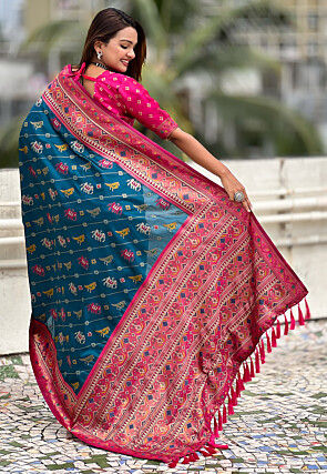 Patola Art Silk Saree in Teal Blue