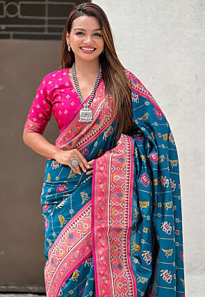 Patola Art Silk Saree in Teal Blue