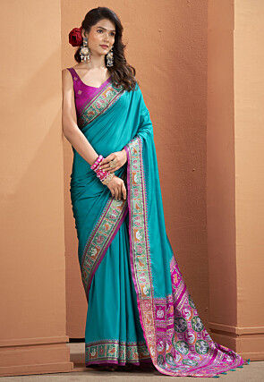 Patola Art Silk Saree in Teal Blue
