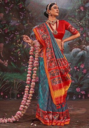 Patola Art Silk Saree in Teal Blue