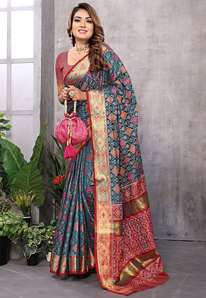 Patola Art Silk Saree in Teal Blue