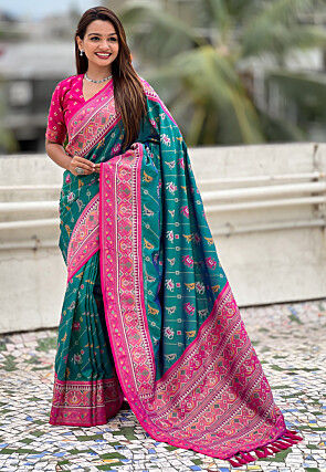 Patola Art Silk Saree in Teal Green