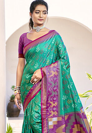 Patola Art Silk Saree in Teal Green