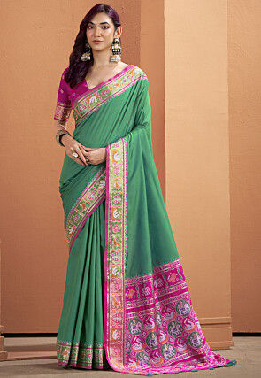Patola Art Silk Saree in Teal Green