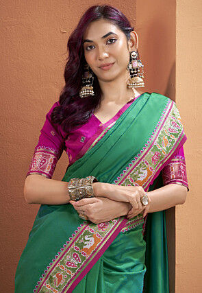 Patola Art Silk Saree in Teal Green