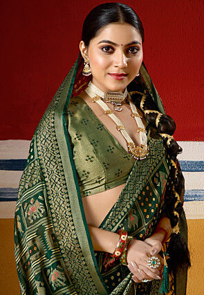 Patola Georgette Brasso Saree in Dark Green