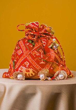 Patola Printed Art Kota Silk Potli Bag in Red