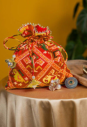 Patola Printed Art Kota Silk Potli Bag in Red