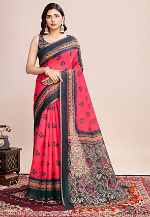 Patola Printed Linen Cotton Saree in Fuchsia