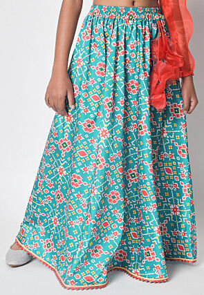 Patola Printed Art Silk A Line Skirt in Turquoise