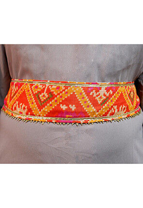 Patola Printed Art Silk Adjustable Waist Belt in Orange