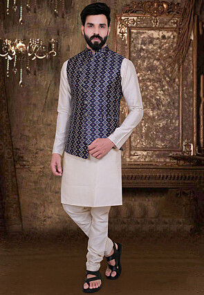 Patola Printed Art Silk Asymmetric Nehru Jacket in Navy Blue