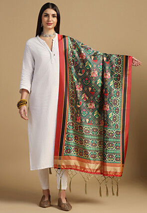 Patola Printed Art Silk Dupatta in Dark Green