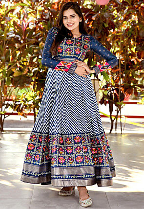 Patola Printed Art Silk Flared Gown in Blue