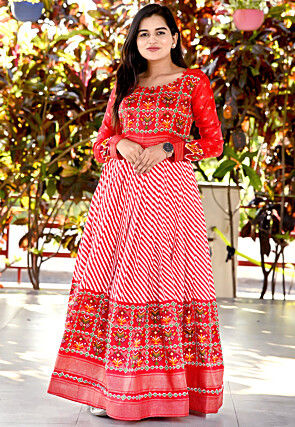 Patola Printed Art Silk Flared Gown in Red