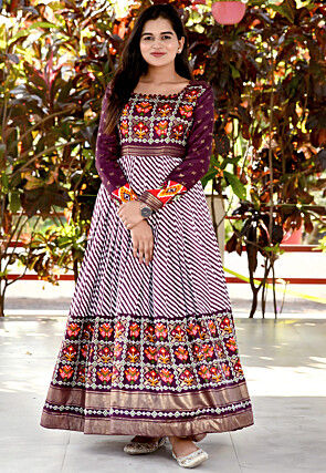 Patola Printed Art Silk Flared Gown in Wine