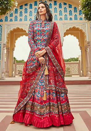 Patola Printed Art Silk Jacquard Abaya Style Suit in Multicolor