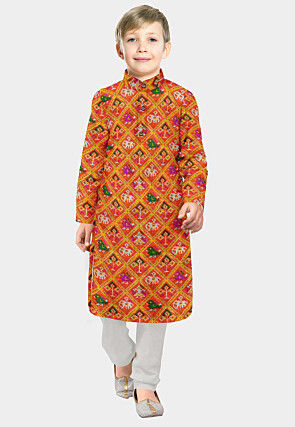 Patola Printed Art Silk Kurta Set in Orange