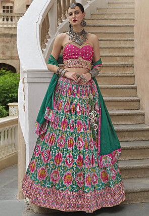 Patola Printed Art Silk Lehenga in Green and Pink