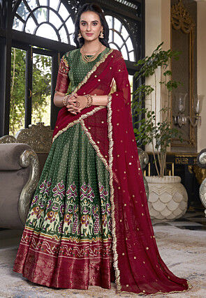 Patola Printed Art Silk Lehenga in Green