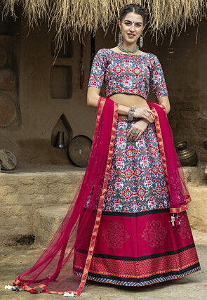 Patola Printed Art Silk Lehenga in Grey and Magenta