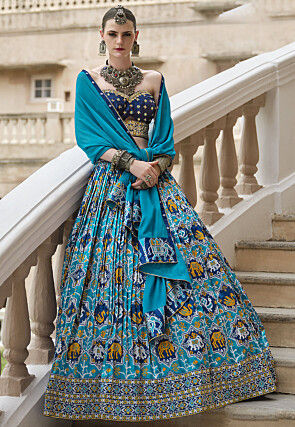 Patola Printed Art Silk Lehenga in Sky Blue