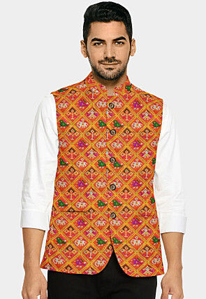 Patola Printed Art Silk Nehru Jacket in Orange