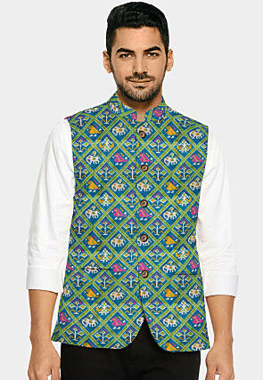 Patola Printed Art Silk Nehru Jacket in Sea Green
