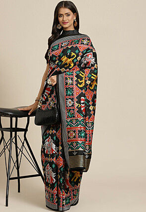 Patola Printed Art Silk Saree in Black
