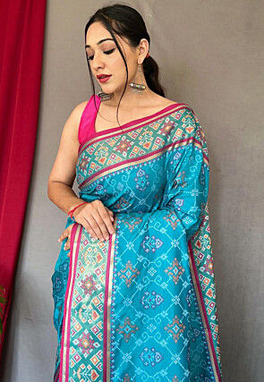Patola Printed Art Silk Saree in Blue
