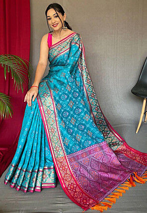 Patola Printed Art Silk Saree in Blue