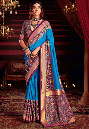 Patola Printed Art Silk Saree in Blue