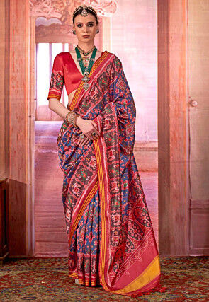 Patola Printed Art Silk Saree in Blue
