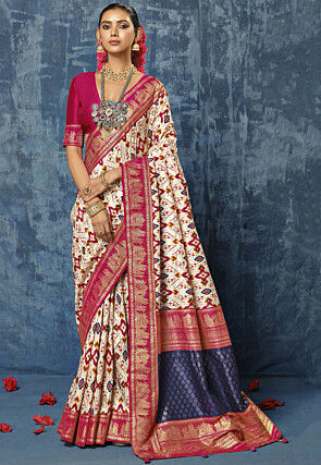 Patola Printed Art Silk Saree in Cream and Pink
