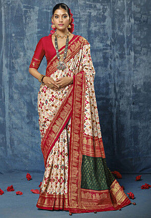 Patola Printed Art Silk Saree in Cream and Red