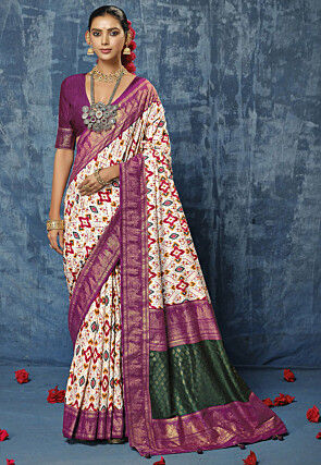 Patola Printed Art Silk Saree in Cream and Wine