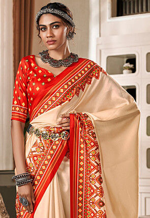 Patola Printed Art Silk Saree in Cream