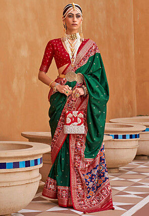 Patola Printed Art Silk Saree in Dark Green