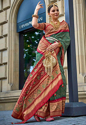 Buy Wedding Wear Green Red Lace work Patola Silk Saree Online From Surat  Wholesale Shop.