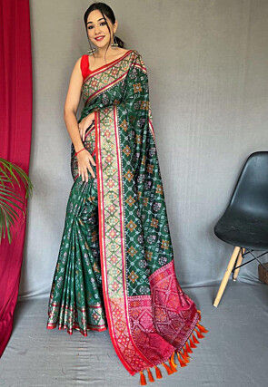 Patola Printed Art Silk Saree in Dark Green
