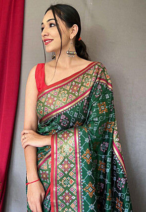 Patola Printed Art Silk Saree in Dark Green
